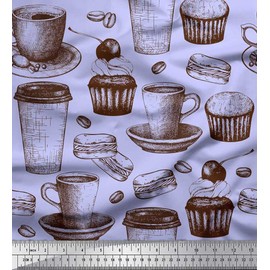 Soimoi Blue Rayon Fabric Burger,Cupcake & Cups Print Fabric by Yard 56 Inch Wide
