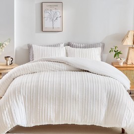 WARMDERN White Boho Duvet Cover Set King Size, Striped Textured Duvet Cover Tufted Bedding Set, 3 Pcs Ultra Soft Washed Microfiber Duvet Cover with Zipper Closure (King, White)