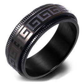 Greek Key Spinner Anxiety Fidget Ring for Men 8mm Black Stainless Steel Spinner Ring for Anxiety Relief Ring for Men Rotatable Ring 10.5