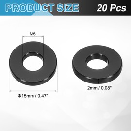sourcing map 20 Pcs Aluminum Flat Washer, M5x12x2mm Round Seal Gaskets Flat Spacers for Screws Bolts Machinery Repair Accessories, Outdoor Construction, Black
