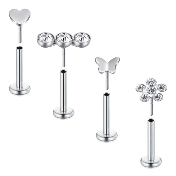 D.Bella 4Pcs Nose Studs Threadless Push in Nose Rings 18G