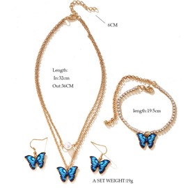 3Pcs Butterfly Pendant Necklace Bracelet Earrings Set for Women Vintage Charm Colorful Morpho Moth Wing Insect Animal Lightweight Jewelry Set for Birthday Valentine Wedding Fashion Jewelry Gifts (Blue)