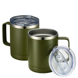 MEWAY - Taza de café de 12 oz con asa, paquete de 2 a granel, vasos de viaje aislados de acero inoxidable con tapa deslizante, taza de camping al vacío de doble pared (Verde ejército, Juego de 2)