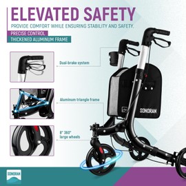 SONORAN 3 Wheel Walkers for Seniors – Foldable Rollator Walker with Cane Hold and Cup Holder, Basket Bag, Adjustable Lightweight Three Wheeled Adult Walkers for Seniors, Black