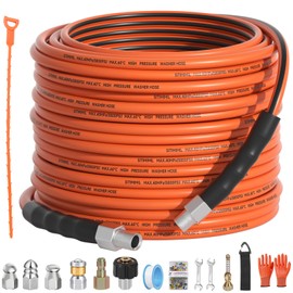 SITIMIMIL Sewer Jetter Kit for Pressure Washer 100FT,5800psi Drain Cleaner Hose 1/4 Inch Npt Corner, with 5 Sewer Jetting Nozzles Sealing Tape Pearl Corsage Pin Spanner Glove Drain Snake