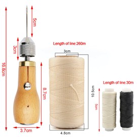 Professional Speedy Sewing Awl Hand Stitcher Repair Tool Kit for Leather and Heavy Fabrics with 2Pcs Needles,1Pcs Coil and 260 Meter 150D 0.8MM Flat Sewing Waxed String(Beige)