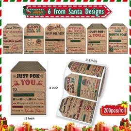 XDMTWLKJ from Santa Gift Tag Stickers, Self-Adhesive Christmas Labels for Gift Wrapping, from The North Pole Stickers 2 x 3 Inches, 200 Count (Brown)