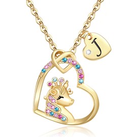 Chunyee Unicorn Gifts for Girls, CZ Heart Unicorn Necklaces Initial Necklace Easter Gifts Birthday Gifts for Girls Teens