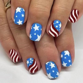 4th of July Press on Nails Short Square Fake Nails Independence Day False Nails Press ons with American Flag Designs Acrylic Nails Full Cover Glue on Nails Stick on Nails for Women Manicure 24Pcs