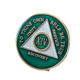 14 Year AA Medallion Metallic Green Tri-Plate Sobriety Chip