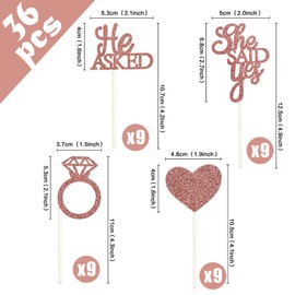Bymivofun He Asked She Said Yes Cupcake Toppers, Diamond Ring Heart Cupcake Topper, for Wedding, Engagement, Bridal Shower, Stag Party Decoration, Pack of 36