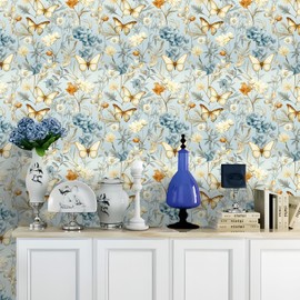 MANONIRIA Floral Wallpaper Peel and Stick Boho Butterfly Flowers Contact Paper Self Adhesive Removable Waterproof Wall Paper for Room Bedroom Walls Shelves Cabinet Table Decor 17.32" x 196.85"