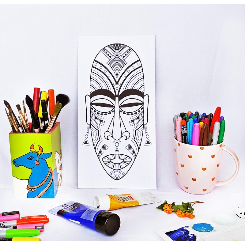 Tribal African Mask - Coloring Canvas For Adults, Stretched primed
