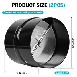 2 Pcs 4 Inch Draft Blocker Backdraft Damper Duct Draft Stopper One-Way Airflow Ducting Insert Backflow Preventer Inline Fan Vent Deflector - Black