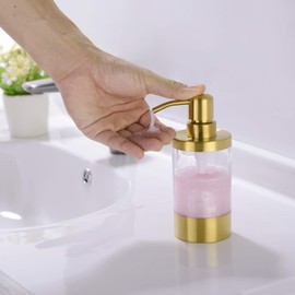 Pirooso Brushed Gold Soap Dispenser - 8oz (250ml) Clear Acrylic Lotion Dispenser with Rust-Proof 304 Stainless Steel Pump, Countertop Dispenser for Bathroom Kitchen