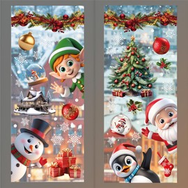 WALPLUS Christmas Window Stickers Clings Xmas Decoration Removable Reusable Double-Sided Print Decals for Glass Living Room Windows Display Home Decor Peeking Santa & Friends with Snowflakes 149 Pcs