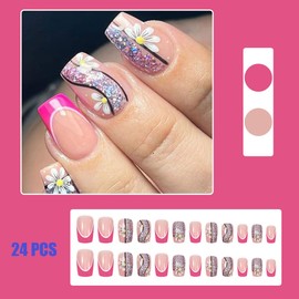 French Tip Press on Nails Glitter Fake Nails Spring Summer White Daisy Flower False Nails Reusable Pink French Medium Coffin Artificial Nails for Women 24 Pcs