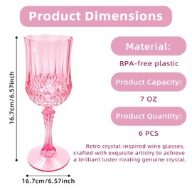 JUSONEY 7oz Vintage Plastic Wine Glasses,Crystal Textured Plastic Goblets,Disposable Wine Glasses for Parties,Weddings,Elegant Events(6-Pink)