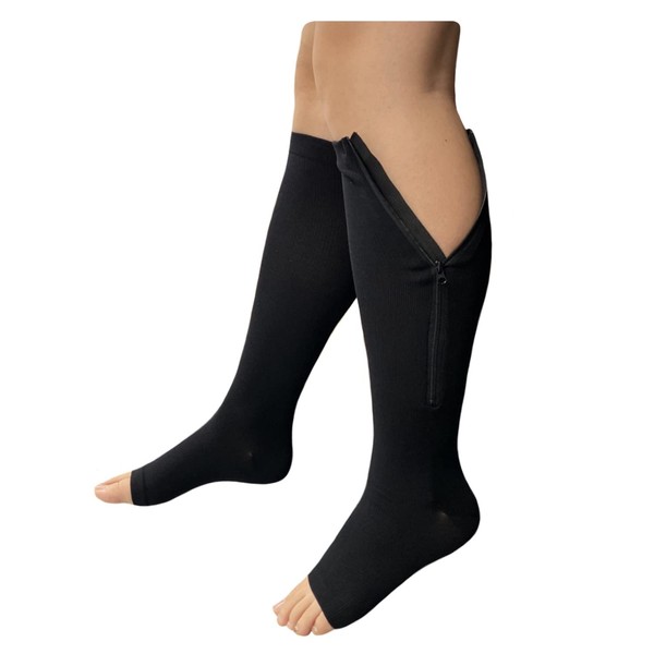 Nuevo puntera abierta hasta la rodilla con cierre de compresión mediana soporte de pierna calcetín, Negro, L/XL
