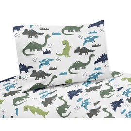 Sweet Jojo Designs 4pc Queen Sheets Set (Blue Green Dinosaur) for Boys, Kids Childrens Breathable Bedding incl. Bed Flat Fitted Sheet & Pillow Cases (Modern Dino, Dinosaurs Theme, T-Trex, Jurassic)