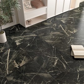 Black Marble Peel and Stick Floor Tile Self Adhesive Waterproof Vinyl Flooring Sheets for Bathroom 12''x12'' Marble Black Floor Tiles for Kitchen Laminate Flooring for Baseroom 5PCS Sticky Tile Panels