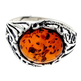Silver Amber Jewellery - 925 Sterling Silver and Cognac Baltic Amber Oval Classic Designer Ring - UK Rng Size J - AR3CJ