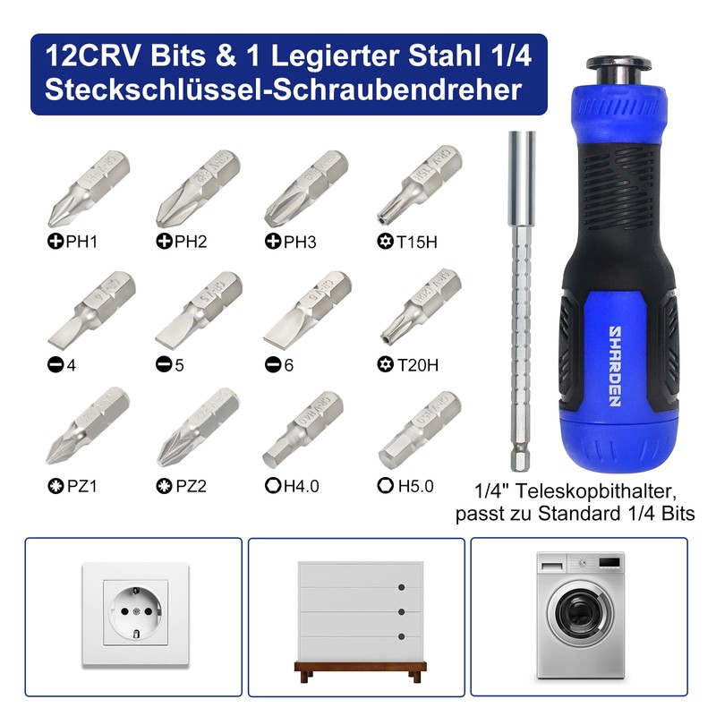 SHARDEN Multibit Screwdriver 13-in-1 Magnetic Drill Extension Screwdriver Set Multitool