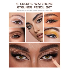 6 Colors Eyeliner Gel Pencil Set, Waterproof Smudge proof Long Lasting Rich Color, Nude Black Brown White Blue Green Eyeliner Pencil Waterline, Multi-Use Cream Eye Liner Brightener Pen with Sharpener