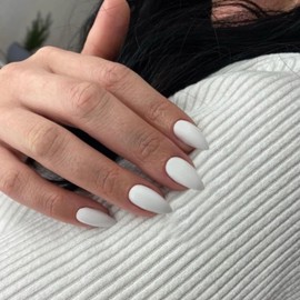 All White Press on Nails Medium Stiletto Almond,KQueenest Matte Pure Color Acrylic Nails Set Reusable Fake Nails with Feature Protective UV Coating for Women Nail Art Manicure in 24PCS