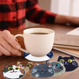 Diamond Art Coasters, 10Pcs 5D DIY Wooden Cat Diamond Art Coasters Kit, Heat Insulation & Anti-Slip Cute Coaster with Stand, Arts and Crafts DIY Kits-