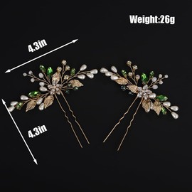 BERYUAN Vintage Flower Leaves Rhinestone Pearls Hair Pins Green Rhinestone Crystal Pearls Pins Green Rhinestone Beads Leaves Wedding Headband Bridal Hair Pins for Women Girls(2pcs) (green)