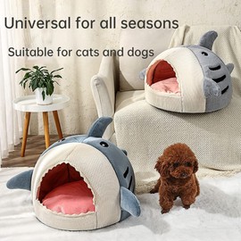 SSDH Shark Cat House Cute Pet Cat Bed Warm Soft Cat Nest Dog Litter Kitten Cave Litter Washable Cat Recliner Sofa Bed Comfortable Four Seasons (Blue,M)