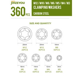 360 Piece Circlips Set, Locking Washers Inner Tooth Snap Ring Set, Clamping Discs, Clamping Ring Circlip Kit, Washers, M3 M4 M5 M6 M8 M10 M12 Washers Assortment, Black