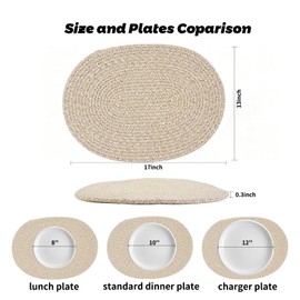 Oval Woven Placemats Set of 6, 17x13 Inches Non-Slip Heat-Resistant Placemats for Dining Room, Thick Hot Pads for Farmhouse Kitchen Table Decor (Brown)