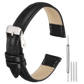 sourcing map Leather Watch Bands for Men and Women, 14mm Quick Release Watch Strap Replacement, Flat Thin Elegant Leather Strap with Tools, Black