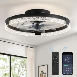 LEDIARY Flush Mount Ceiling Fans with Lights and Remote, 19.7'' Low Profile Ceiling Fans, 3000-6000K Dimmable Fandelier Ceiling Fans with Light, 6 Wind Speeds, Black Modern LED Fan Light for Bedroom