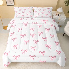 QOOMO 3Pcs Bow Comforter Set Queen,Pink Bow Bedding Set for Teens Boys Girls,Bowknot Printed Comforter with 2 Pillowcases,Down Alternative,Soft and Lightweight