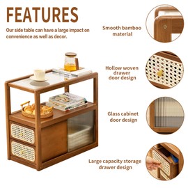 Tiita Rattan Nightstand Side Table, Bamboo Accent Bedside Tables, Glass Coffee Tables, Boho Wooden End Table with Storage for Small Space, Living Room and Bedroom