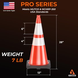 GECCO ™ (6 Pack) 28 Inch 7 Lb Heavy Duty Orange Traffic Cones Set | Durable Safety Cones, Orange Cones, Parking Cones, Construction Cones, Road Cones | PVC Plastic & Black Base - [PRO Series]