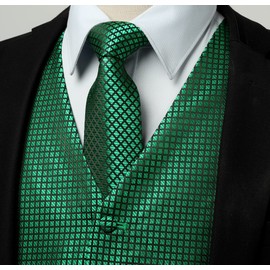 Rithern Men's Waistcoat Paisley Floral Jacquard Silk Tie Pocket Square Handkerchief Set with Cufflinks and Tie Clip Set for Wedding Party Suit Vest Set, Green