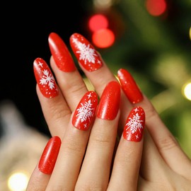 Uranian Christmas Press on Nails Oval Long Fake Nails Glossy Red False Nails with Designs Snowflake Almond Glue on Nails for Xmas Full Cover Stick on Nails Acrylic Nail Tips for Women and Girls (24pcs) (Pattern-J)