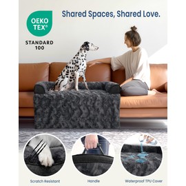 blunique Calming Extra Large Dog Bed for Couch, 45 x 37 inch Removable Couch Cover for Dogs Washable, Non-Slip Fluffy Plush Dog Sofa Mat for Furniture Protector - Dark Grey