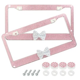 bylikeho License Plate Frame,Cute Car Accessories Stainless Steel Crystal Car Plate Covers,Shiny Rhinestones Premium License Plate Holder with Mounting Bolts,License Plate Frames (White&Pink)