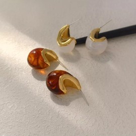 LYLYMIMI Acrylic Teardrop Earrings for Women, 14K Gold Plated Resin Chunky Hoop Earrings, Lightweight Hollow Open Drop Hoops Translucent Hypoallergenic Vintage Fashion Jewelry Gifts (brown)