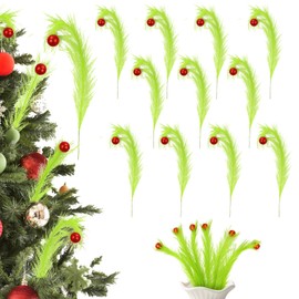 12 Pcs Christmas Tree Topper, 17'' Green Christmas Tree Picks with Red Ball, Curly Xmas Artificial Green Stems, Elf Ornaments, Christmas Tree Wreath Home Holiday Craft Decorations
