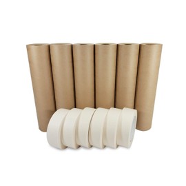 IDL Packaging Masking Paper and Tape Set - 12" x 60 Yards Brown Masking Paper (6 Rolls) and 1.41" x 60 Yards White Tape (6 Rolls) - Masking Kit for Painting Projects - Surface Protection
