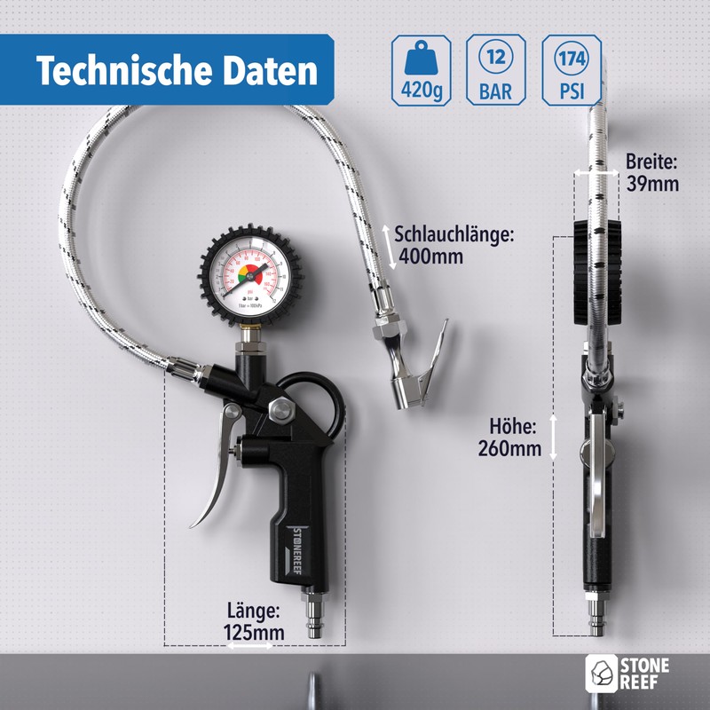 Tyre Inflator with Pressure Gauge [Includes Adapter & Replacement Caps]