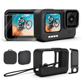Kuptone Funda de silicona para GoPro Hero 11 Hero 10 Hero 9, 6 protectores de visualización de vidrio templado + puerta lateral + tapas de lente para Go Pro Hero 11/10/9 Kit de accesorios