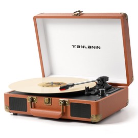 Vinyl Record Player with Built-in Speakers & USB Recording, Vintage 3-Speed Bluetooth Portable Suitcase Turntables Belt-Driven LP Player Support AUX/RCA/Headphone Jack, Brown Leather