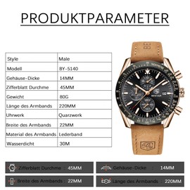 BENYAR Classic Fashion Quartz Chronograph Watch Casual Sport 30M Waterproof Leather Band Mens Watches (Brown-Black)